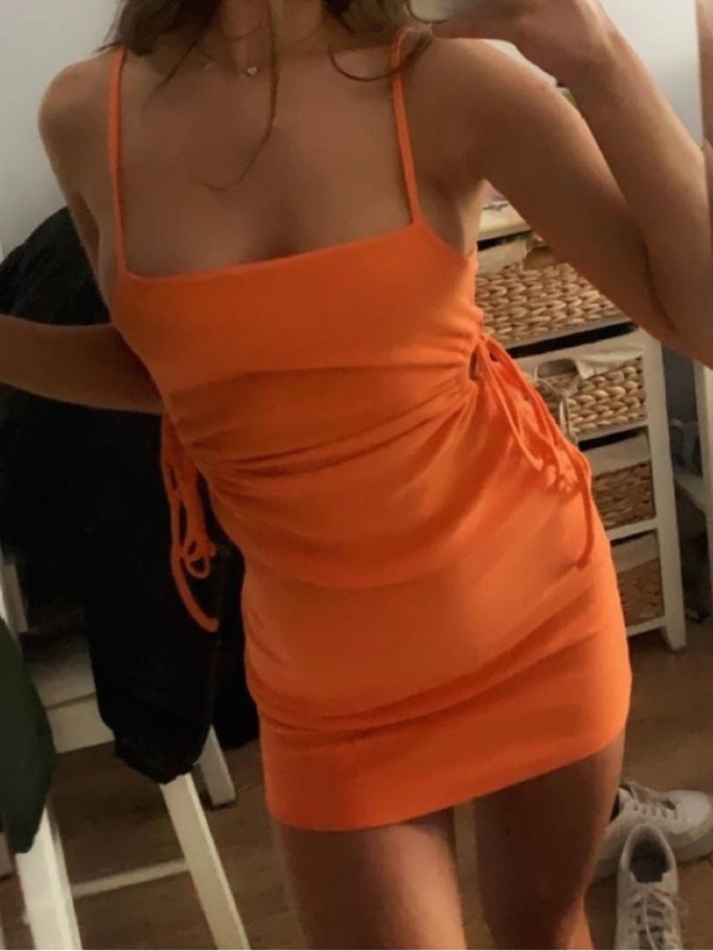 Zara Bright Orange Ribbed Ruched Mini Dress Size Small - Picture 5 of 7